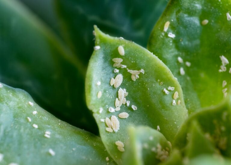 a closeup shot of mealybugs on green leaves