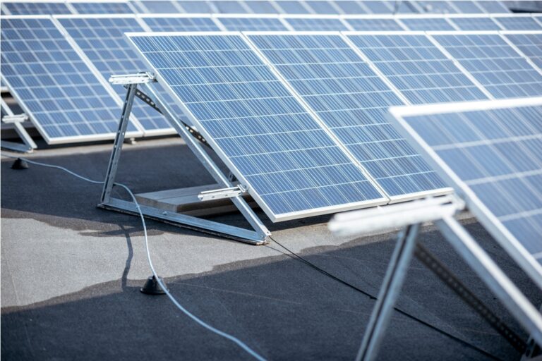 close up of solar panels on photovoltaic power plant